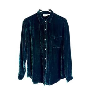 Vintage Fiji Silk Blend Velvet Button Down Shirt Green Long Sleeve Large Y2k